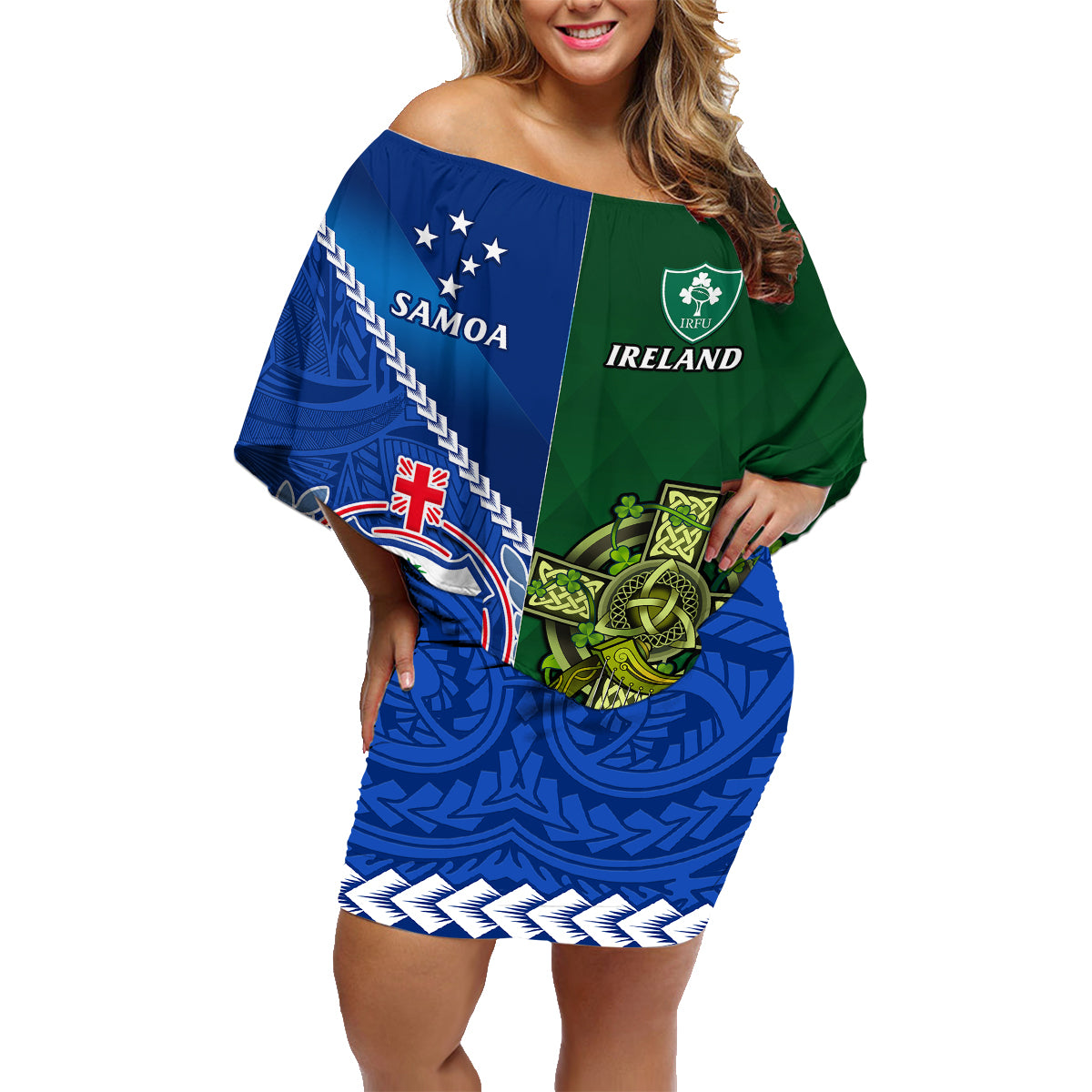 Custom Samoa And Ireland Rugby Family Matching Off Shoulder Short Dress and Hawaiian Shirt 2023 World Cup Manu Samoa With Shamrocks - Wonder Print Shop