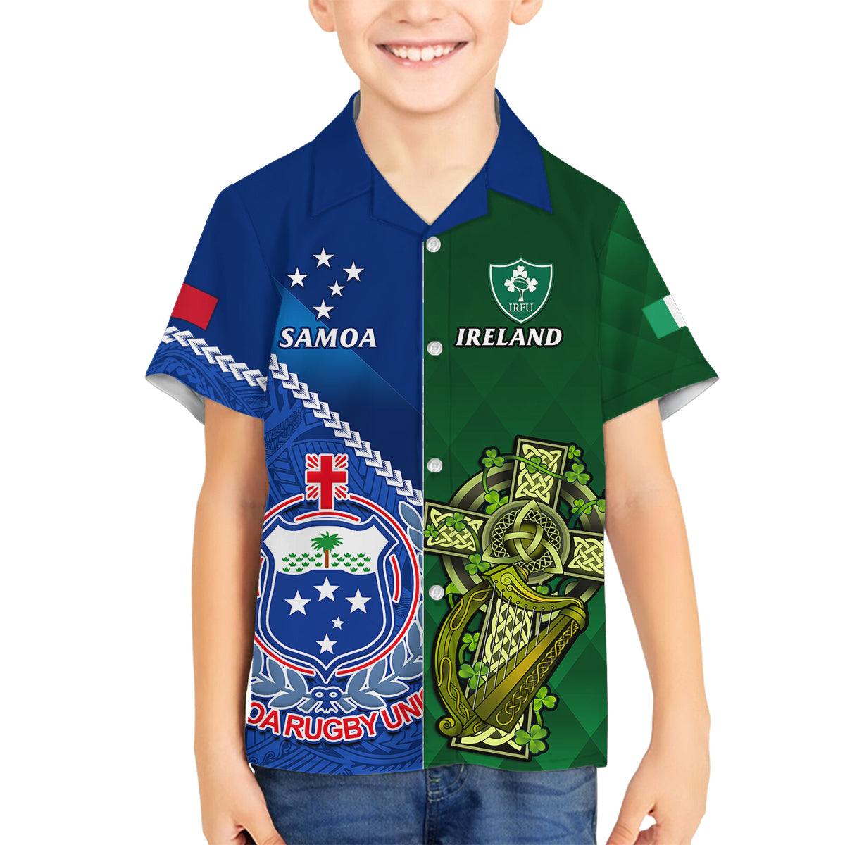 Custom Samoa And Ireland Rugby Family Matching Summer Maxi Dress and Hawaiian Shirt 2023 World Cup Manu Samoa With Shamrocks - Wonder Print Shop