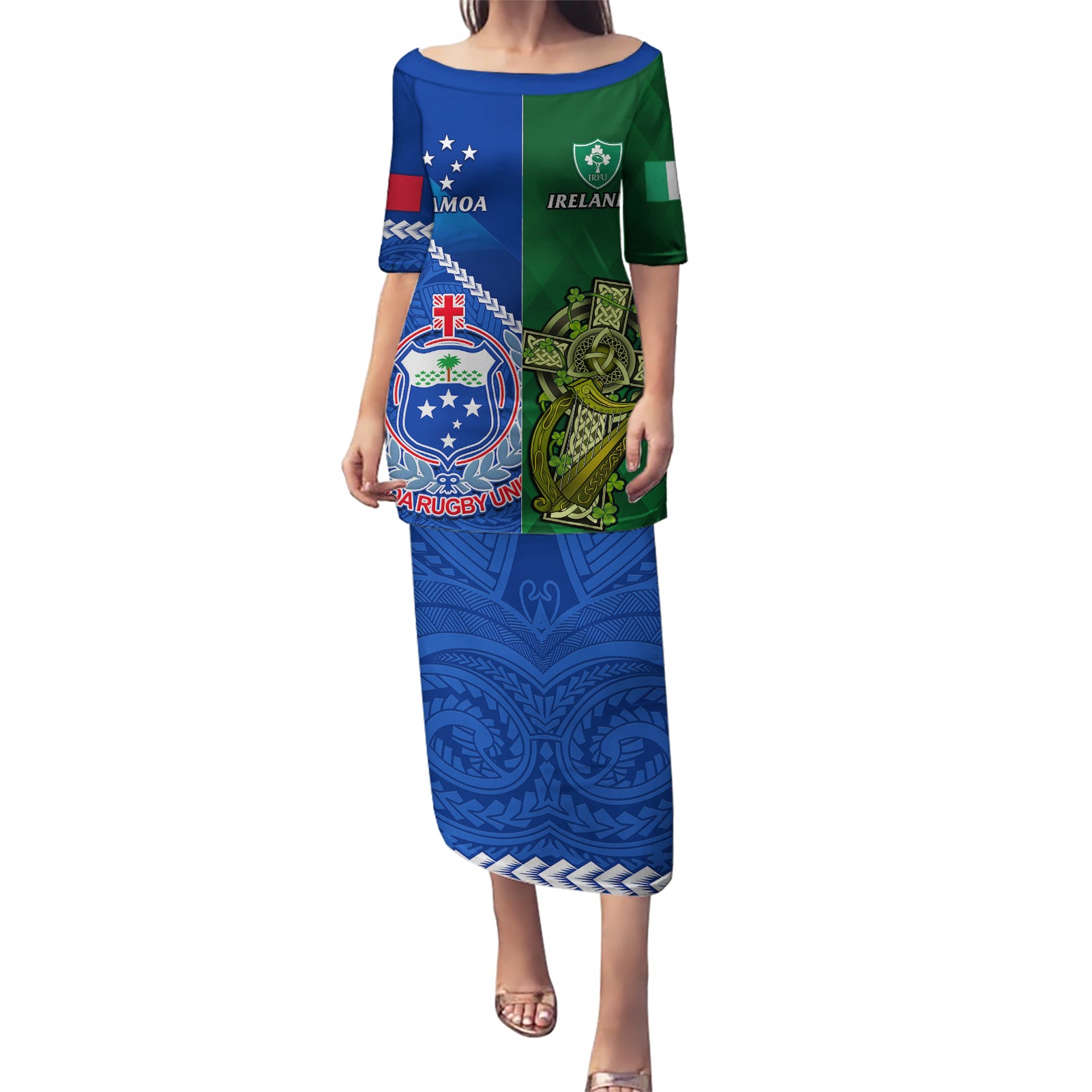 Custom Samoa And Ireland Rugby Puletasi 2023 World Cup Manu Samoa With Shamrocks - Wonder Print Shop