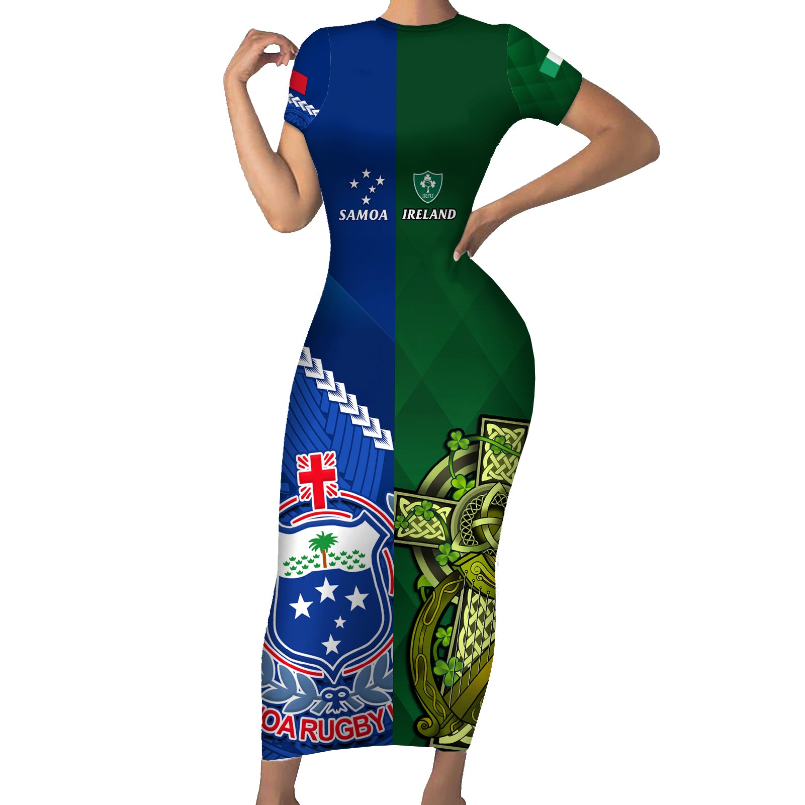 Custom Samoa And Ireland Rugby Short Sleeve Bodycon Dress 2023 World Cup Manu Samoa With Shamrocks - Wonder Print Shop