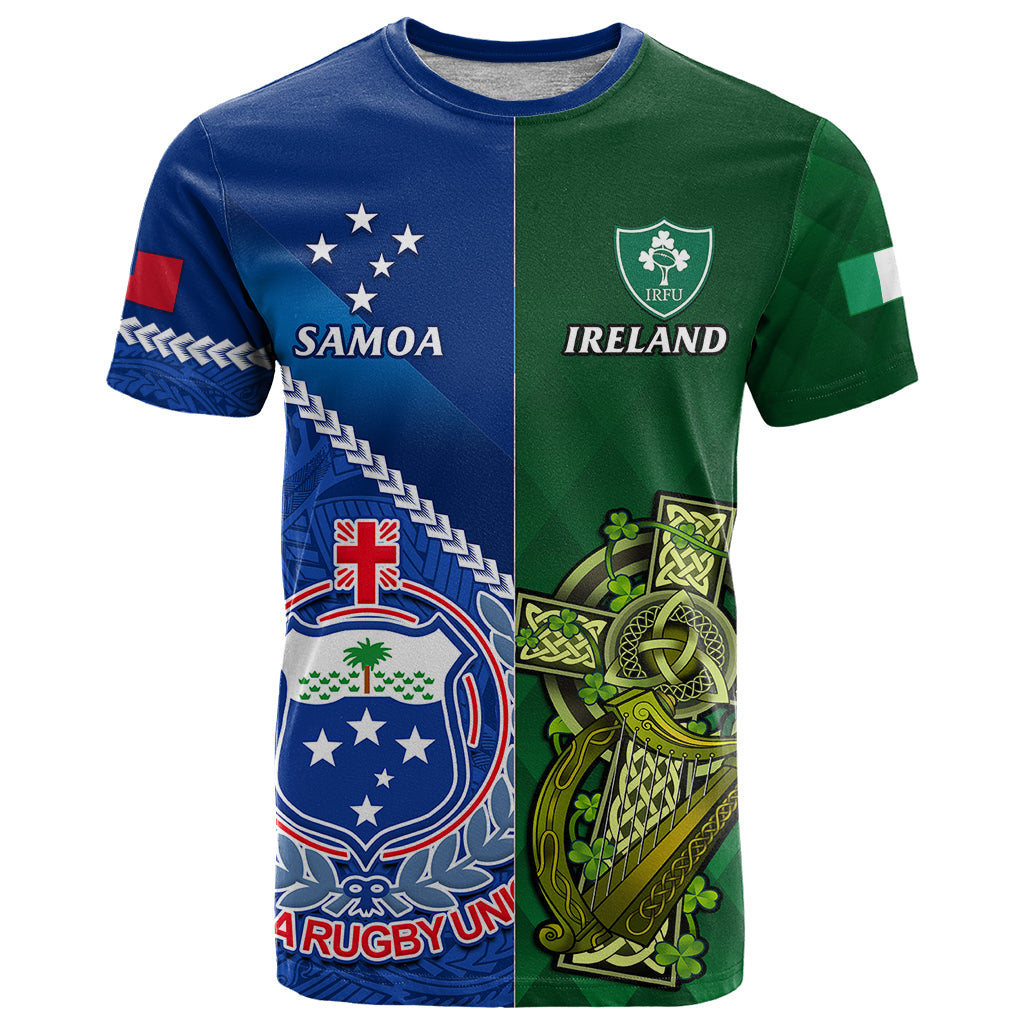 Custom Samoa And Ireland Rugby T Shirt 2023 World Cup Manu Samoa With Shamrocks - Wonder Print Shop