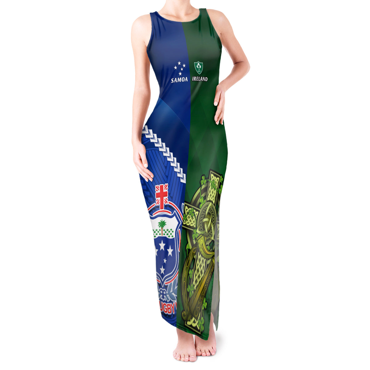 Custom Samoa And Ireland Rugby Tank Maxi Dress 2023 World Cup Manu Samoa With Shamrocks - Wonder Print Shop