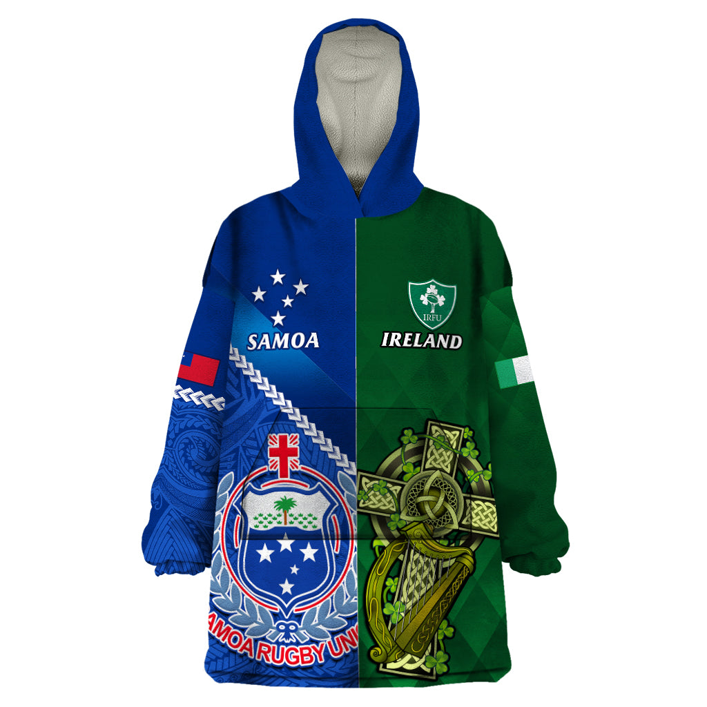 Custom Samoa And Ireland Rugby Wearable Blanket Hoodie 2023 World Cup Manu Samoa With Shamrocks - Wonder Print Shop