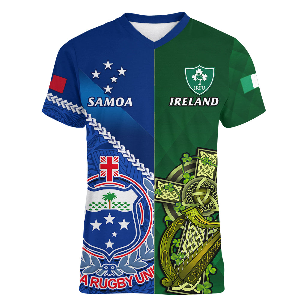 Custom Samoa And Ireland Rugby Women V Neck T Shirt 2023 World Cup Manu Samoa With Shamrocks - Wonder Print Shop