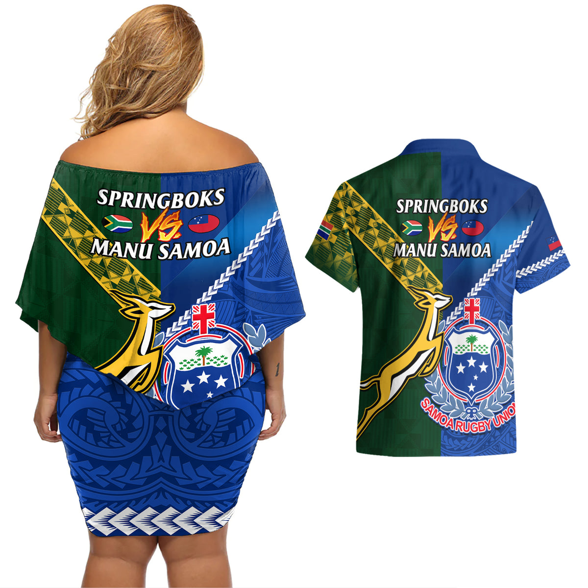 Samoa And South Africa Rugby Couples Matching Off Shoulder Short Dress and Hawaiian Shirt 2023 World Cup Manu Samoa With Springboks - Wonder Print Shop