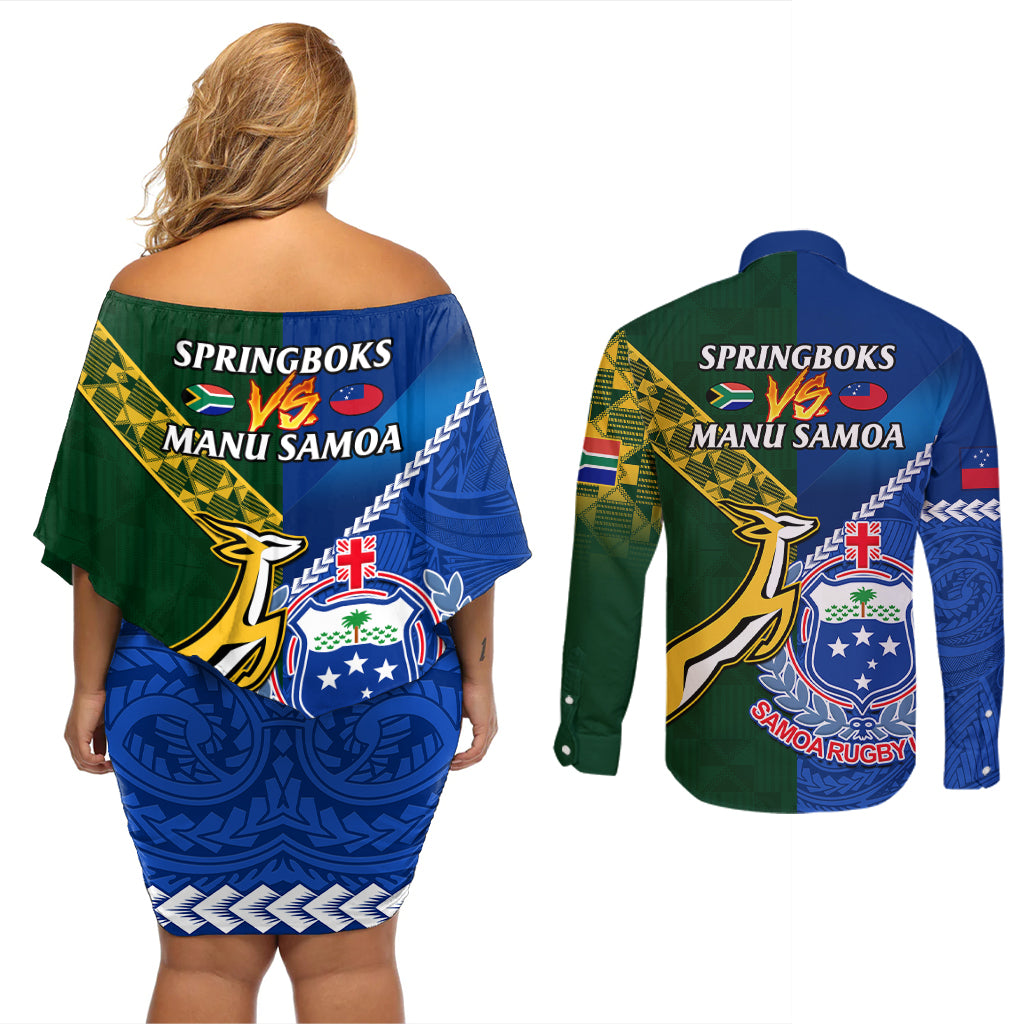 Samoa And South Africa Rugby Couples Matching Off Shoulder Short Dress and Long Sleeve Button Shirts 2023 World Cup Manu Samoa With Springboks - Wonder Print Shop