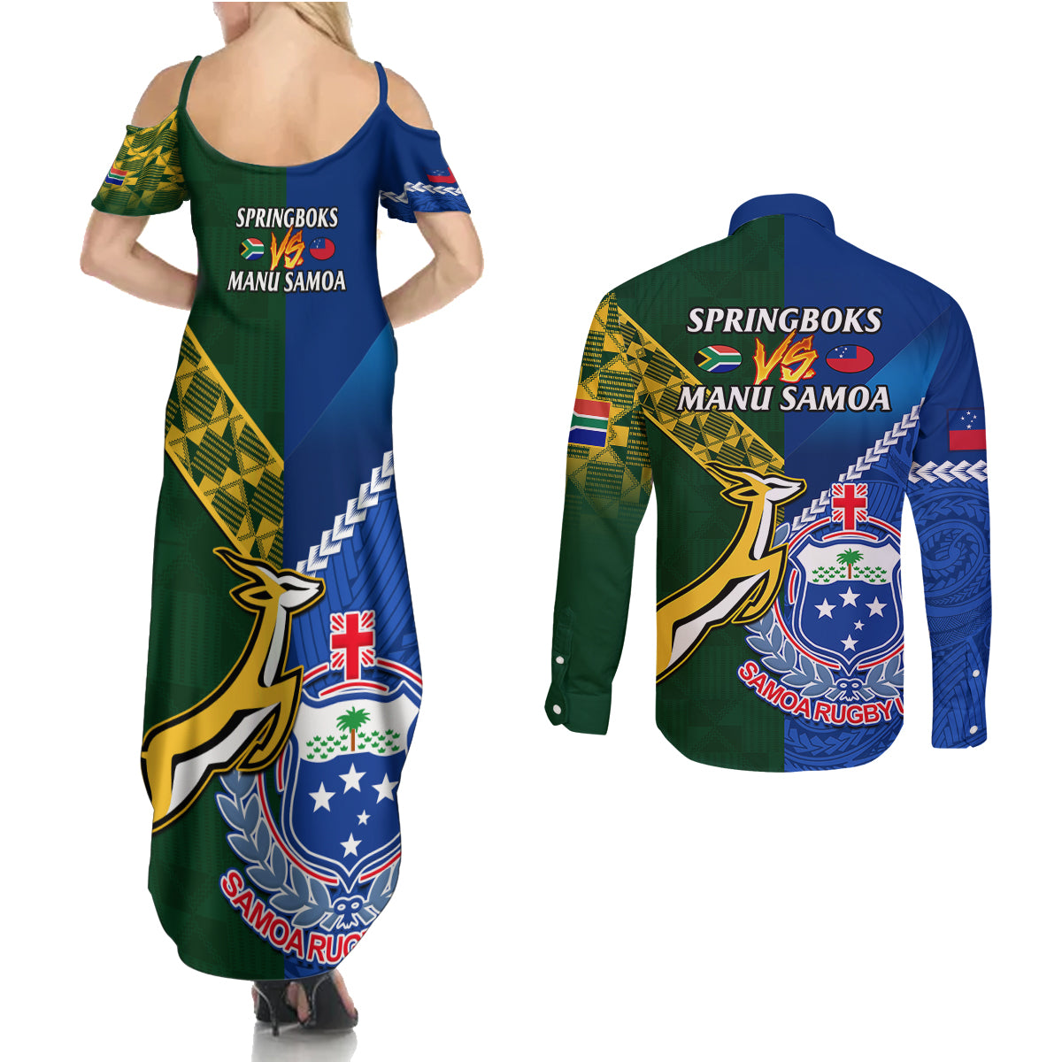 Samoa And South Africa Rugby Couples Matching Summer Maxi Dress and Long Sleeve Button Shirts 2023 World Cup Manu Samoa With Springboks - Wonder Print Shop