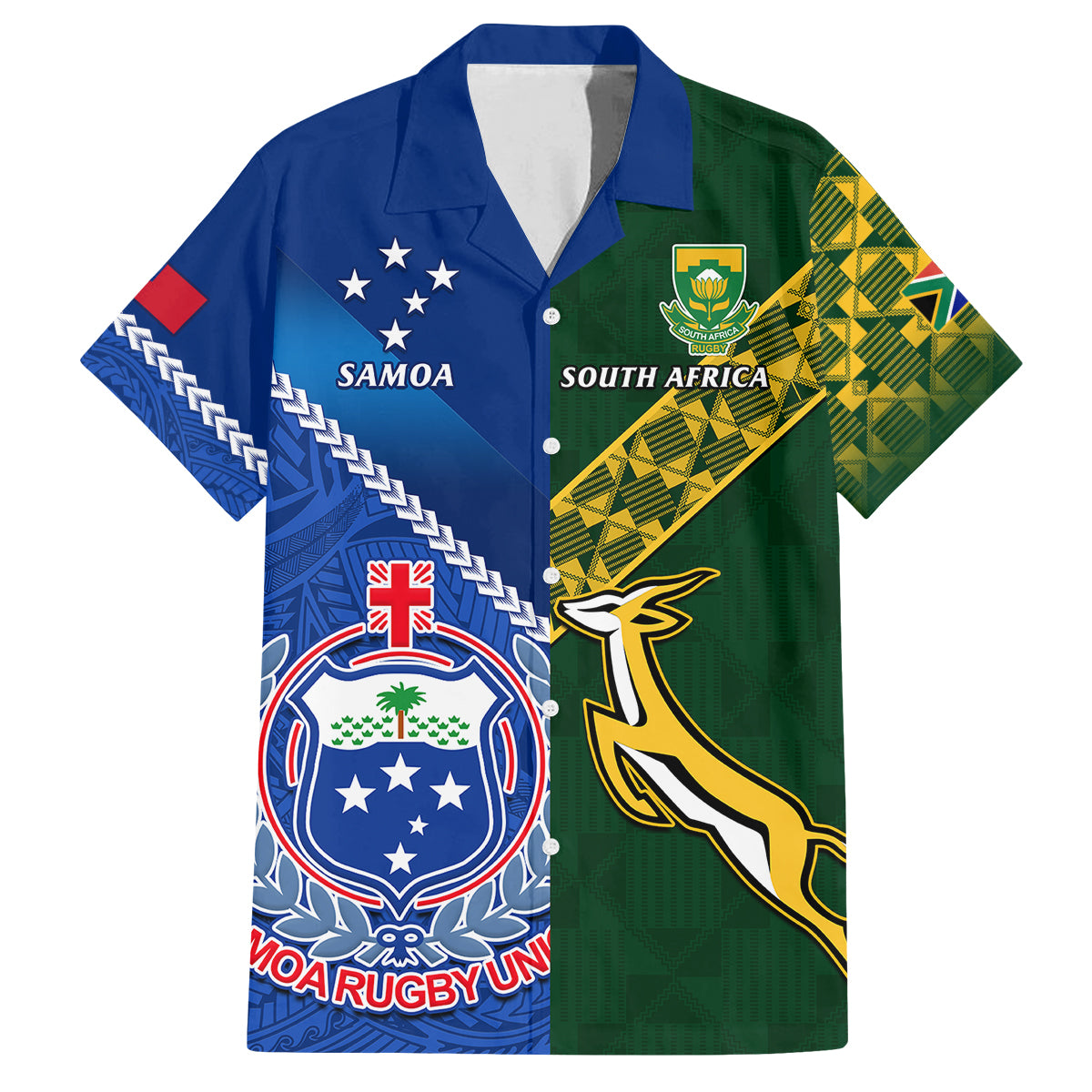 Samoa And South Africa Rugby Family Matching Off Shoulder Long Sleeve Dress and Hawaiian Shirt 2023 World Cup Manu Samoa With Springboks - Wonder Print Shop