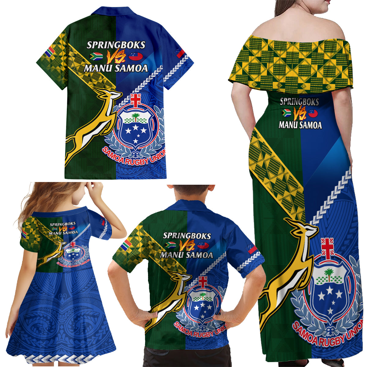 Samoa And South Africa Rugby Family Matching Off Shoulder Maxi Dress and Hawaiian Shirt 2023 World Cup Manu Samoa With Springboks - Wonder Print Shop