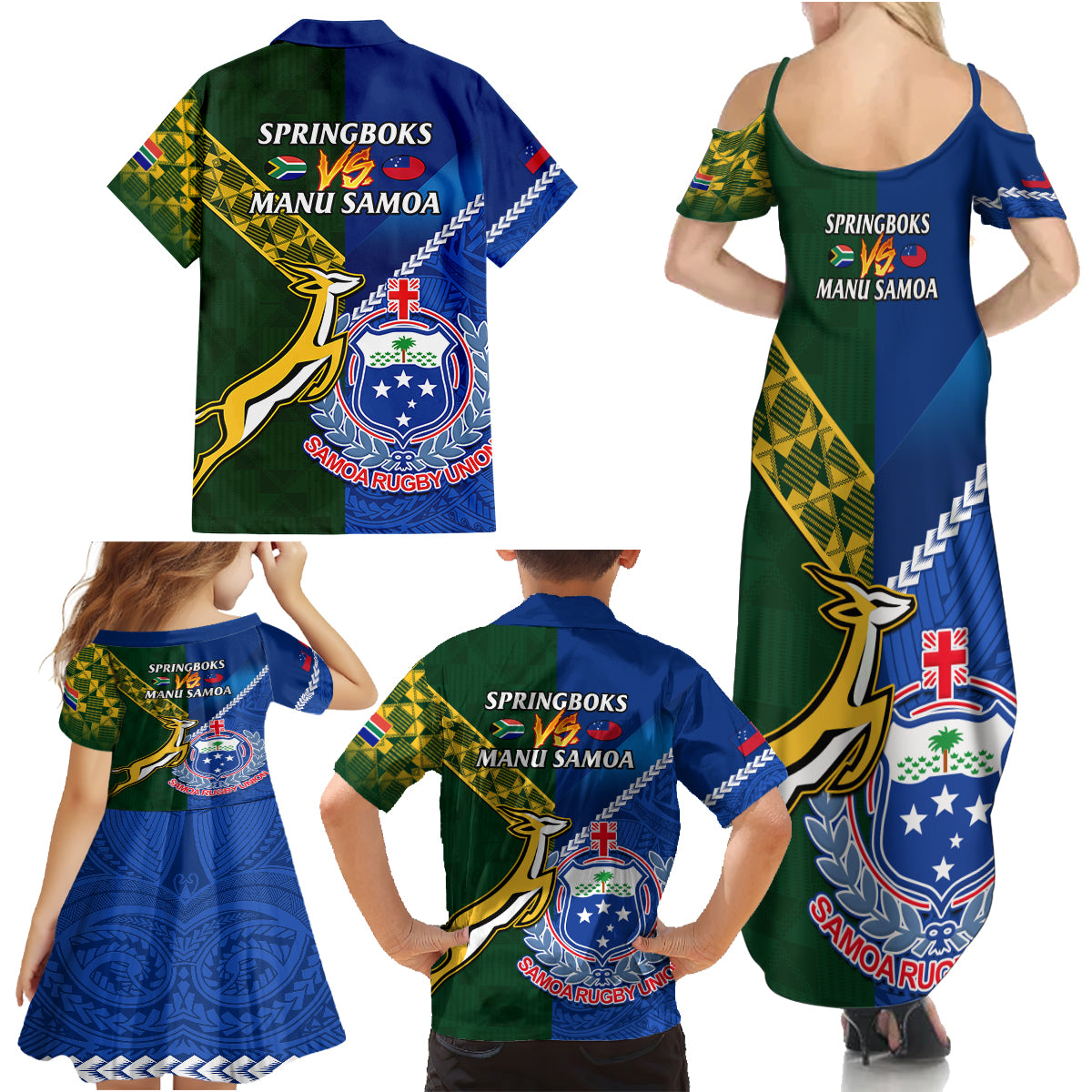 Samoa And South Africa Rugby Family Matching Summer Maxi Dress and Hawaiian Shirt 2023 World Cup Manu Samoa With Springboks - Wonder Print Shop