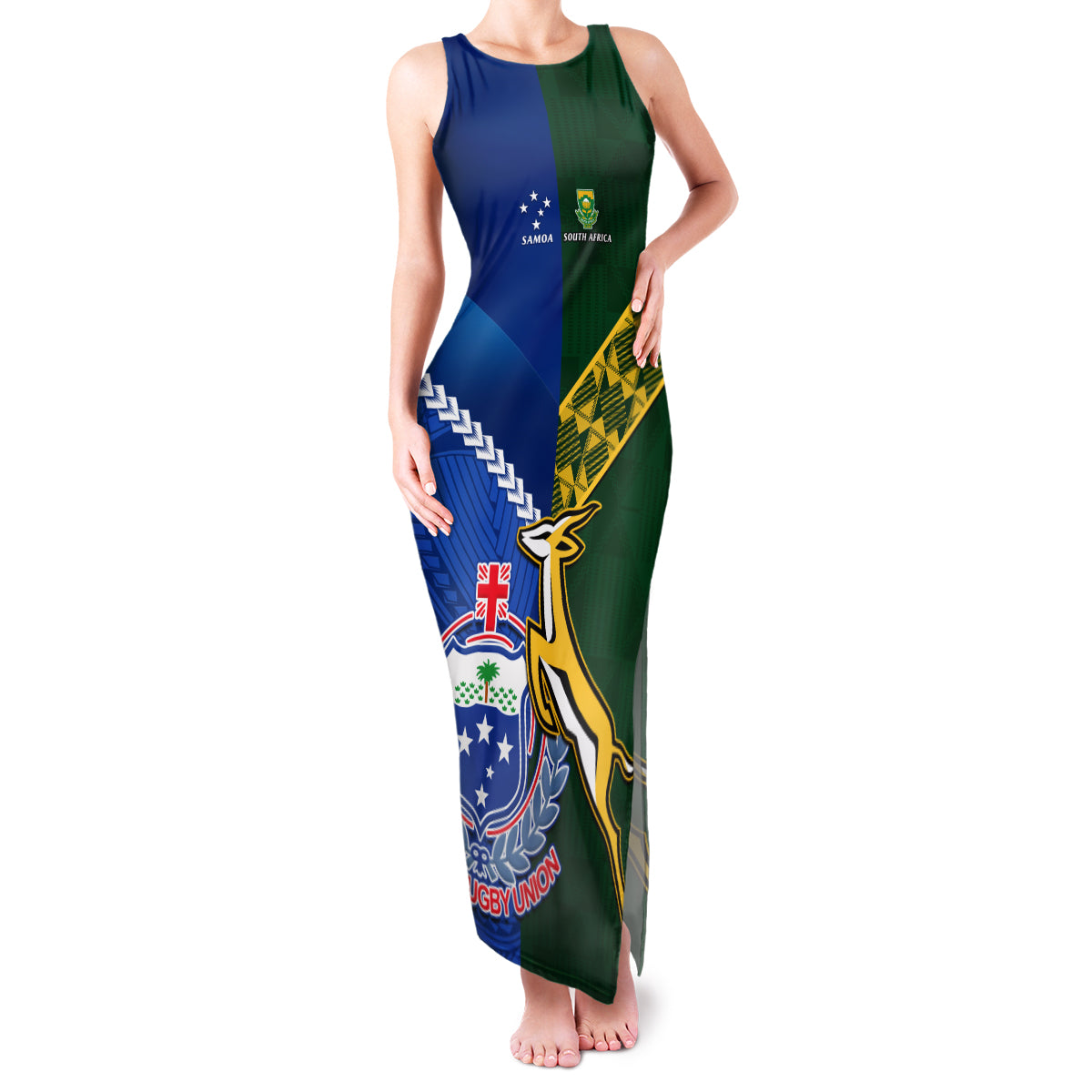 Samoa And South Africa Rugby Family Matching Tank Maxi Dress and Hawaiian Shirt 2023 World Cup Manu Samoa With Springboks - Wonder Print Shop