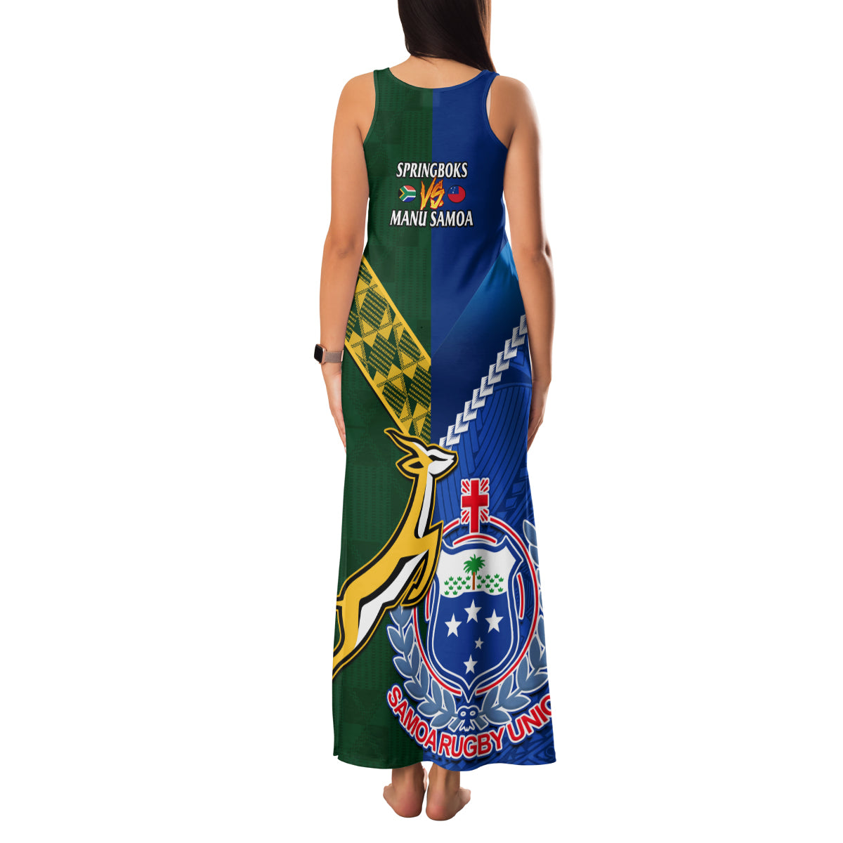 Samoa And South Africa Rugby Family Matching Tank Maxi Dress and Hawaiian Shirt 2023 World Cup Manu Samoa With Springboks - Wonder Print Shop