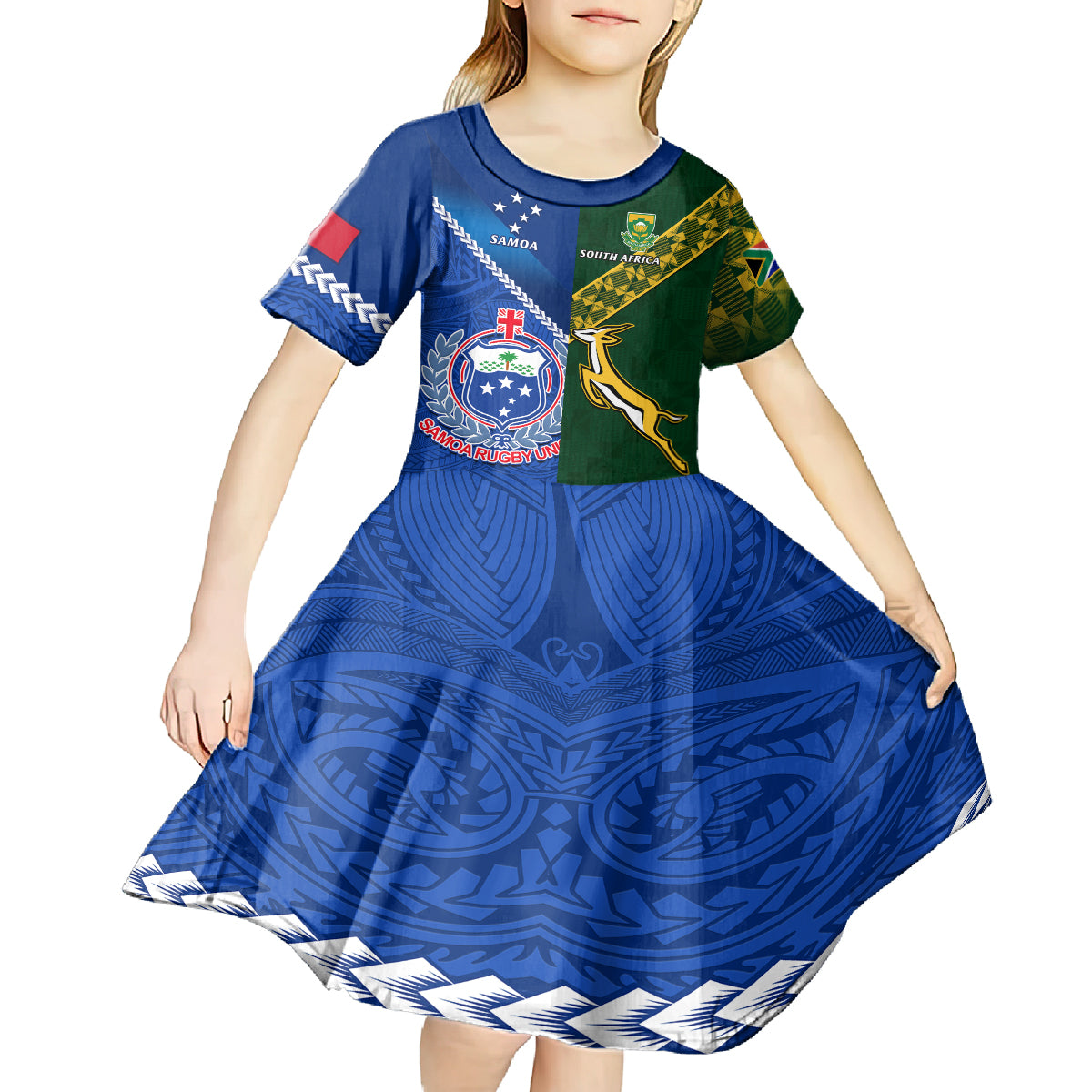 Samoa And South Africa Rugby Kid Short Sleeve Dress 2023 World Cup Manu Samoa With Springboks - Wonder Print Shop