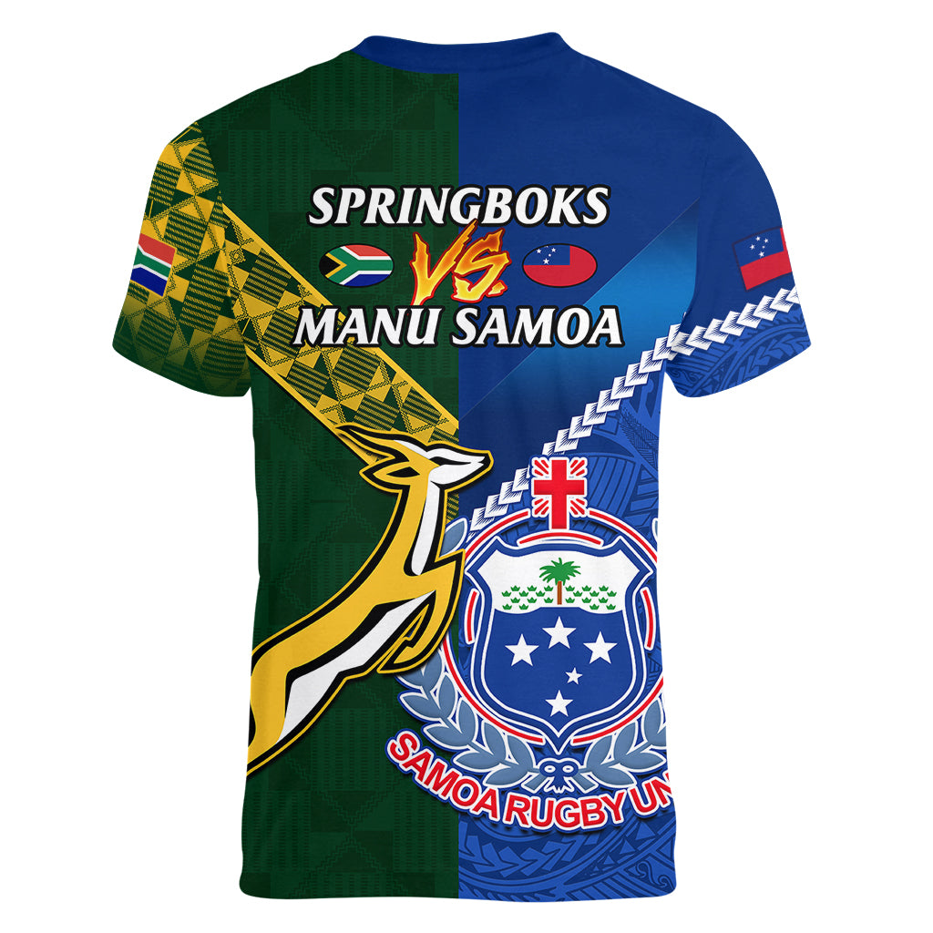 Samoa And South Africa Rugby Women V Neck T Shirt 2023 World Cup Manu Samoa With Springboks - Wonder Print Shop