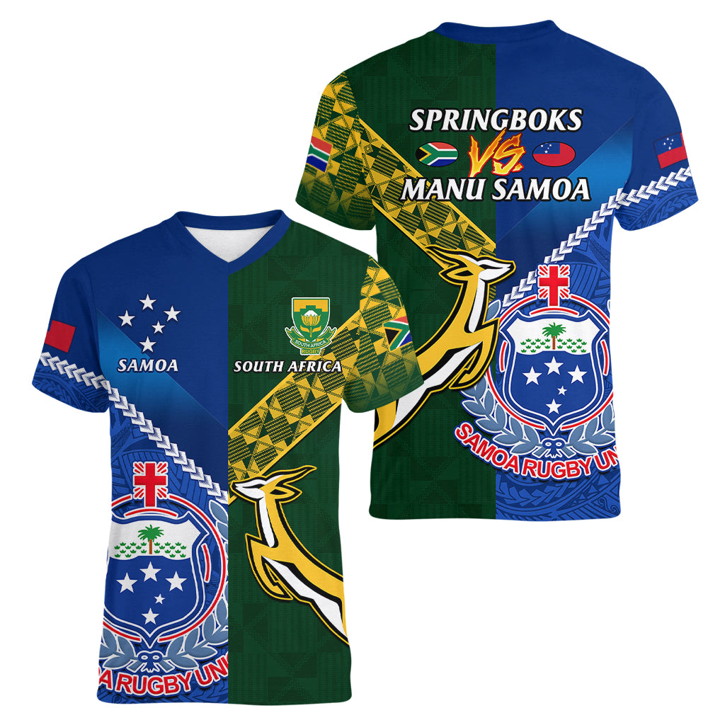 Samoa And South Africa Rugby Women V Neck T Shirt 2023 World Cup Manu Samoa With Springboks - Wonder Print Shop