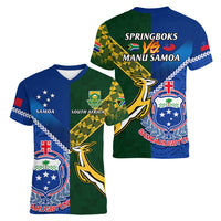 Samoa And South Africa Rugby Women V Neck T Shirt 2023 World Cup Manu Samoa With Springboks - Wonder Print Shop