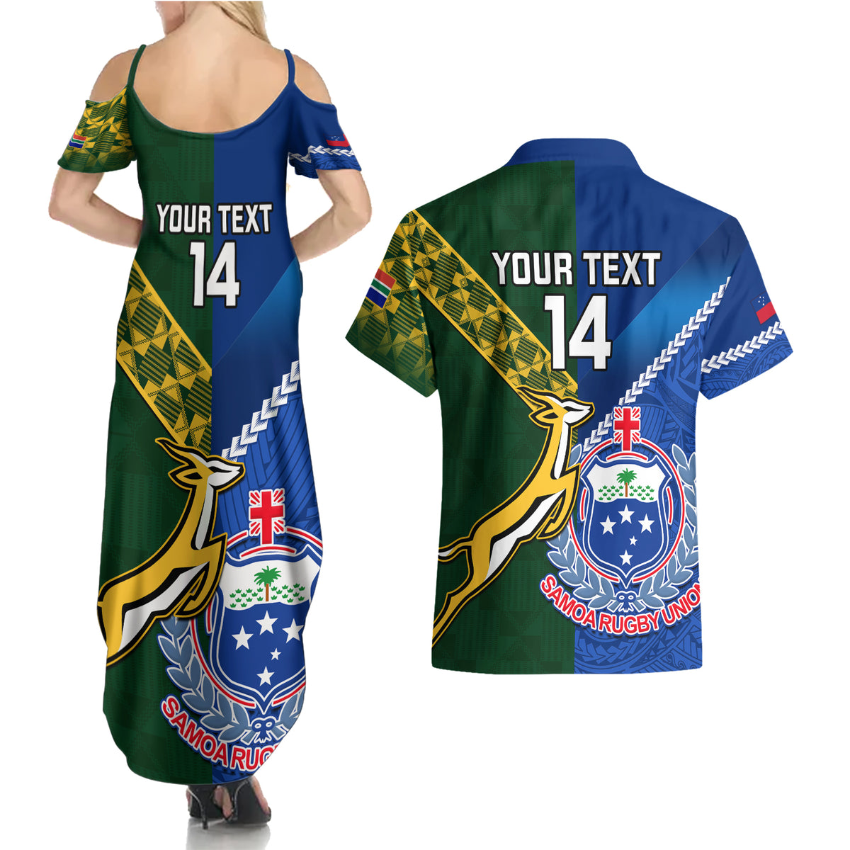 Custom Samoa And South Africa Rugby Couples Matching Summer Maxi Dress and Hawaiian Shirt 2023 World Cup Manu Samoa With Springboks - Wonder Print Shop