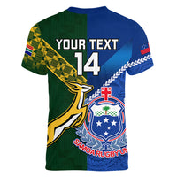 Custom Samoa And South Africa Rugby Women V Neck T Shirt 2023 World Cup Manu Samoa With Springboks - Wonder Print Shop