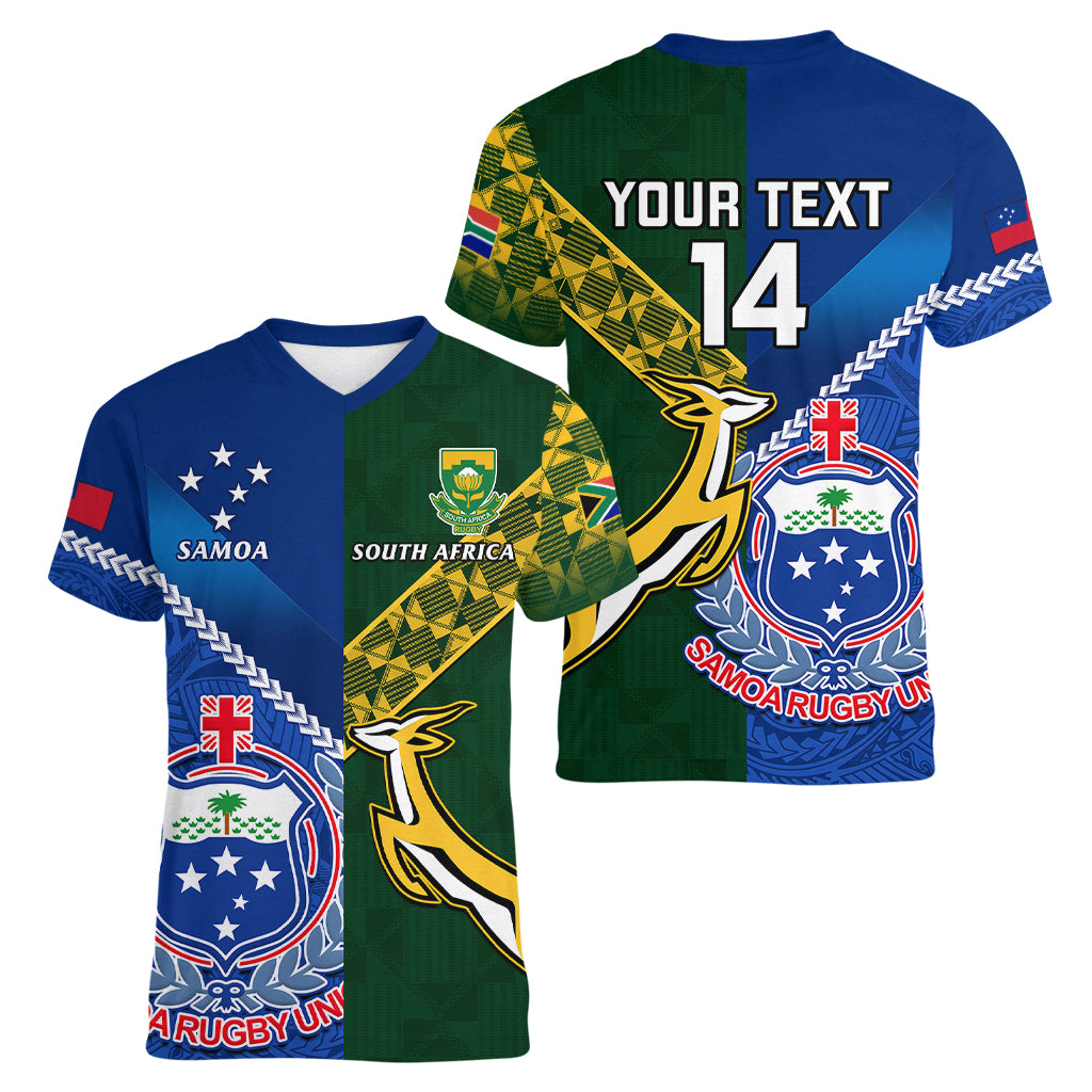 Custom Samoa And South Africa Rugby Women V Neck T Shirt 2023 World Cup Manu Samoa With Springboks - Wonder Print Shop