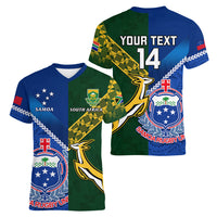 Custom Samoa And South Africa Rugby Women V Neck T Shirt 2023 World Cup Manu Samoa With Springboks - Wonder Print Shop