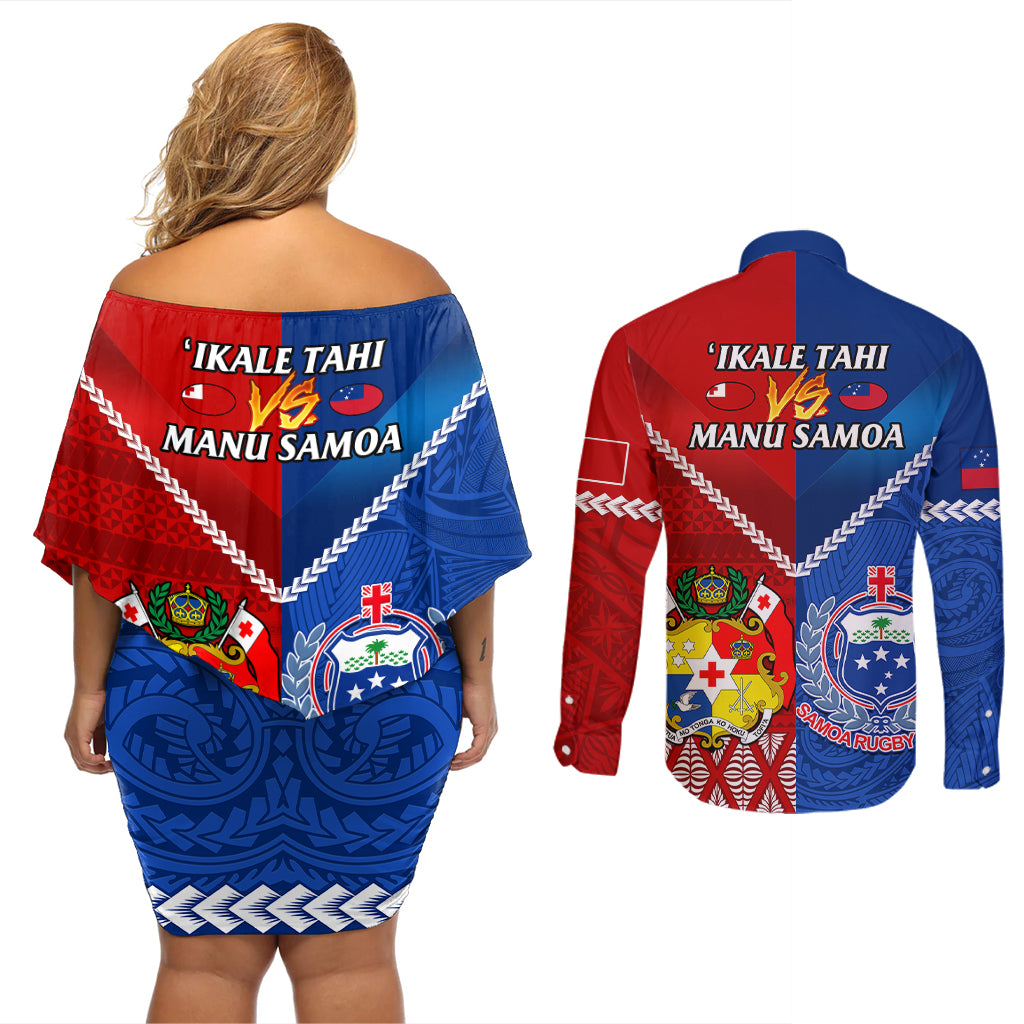 Samoa And Tonga Rugby Couples Matching Off Shoulder Short Dress and Long Sleeve Button Shirts 2023 World Cup Manu Samoa With Ikale Tahi - Wonder Print Shop