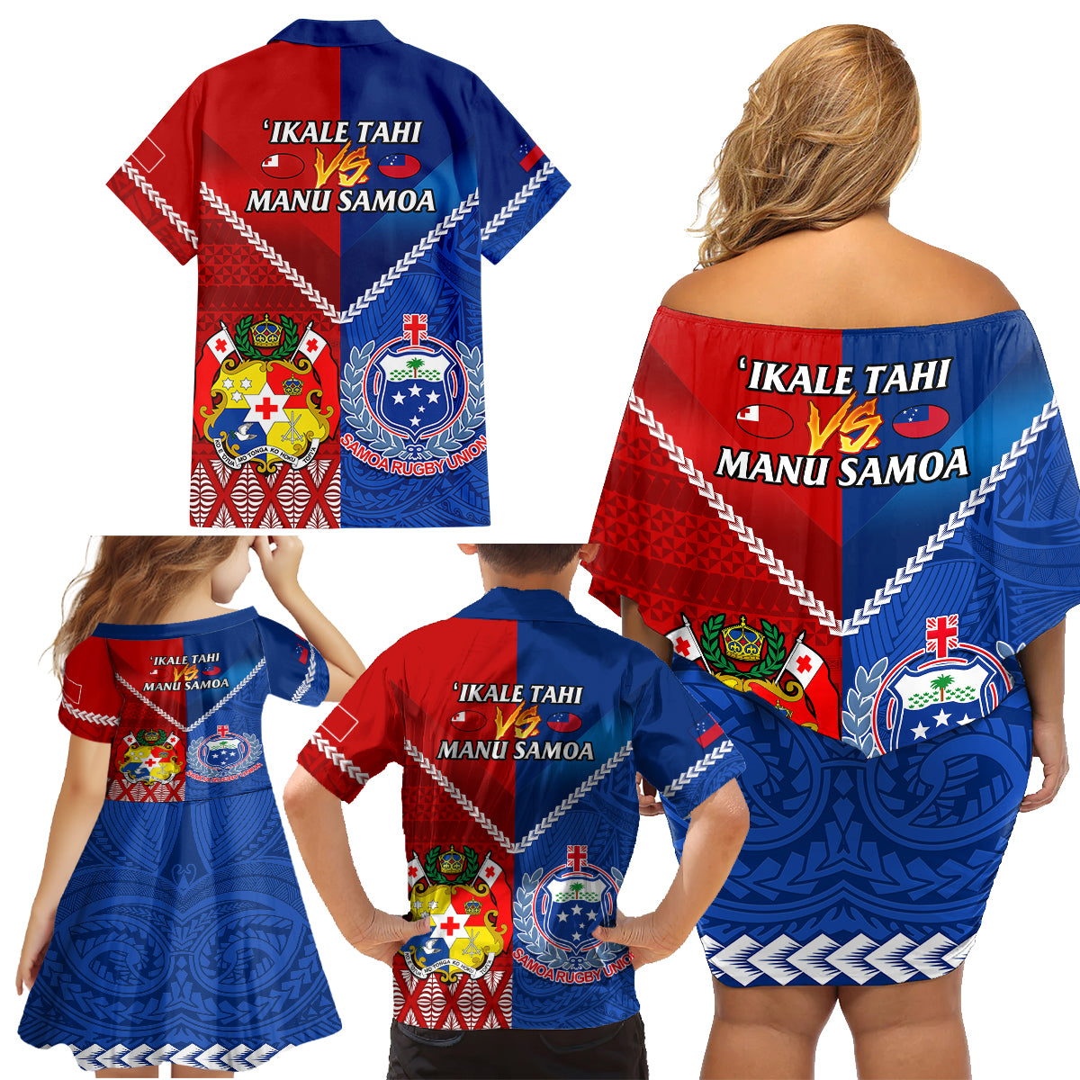 Samoa And Tonga Rugby Family Matching Off Shoulder Short Dress and Hawaiian Shirt 2023 World Cup Manu Samoa With Ikale Tahi - Wonder Print Shop
