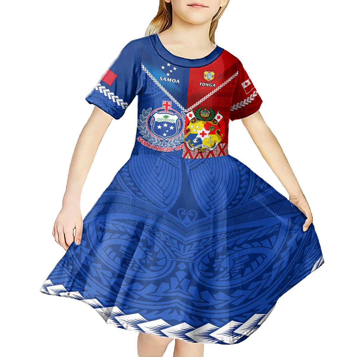 Samoa And Tonga Rugby Kid Short Sleeve Dress 2023 World Cup Manu Samoa With Ikale Tahi - Wonder Print Shop