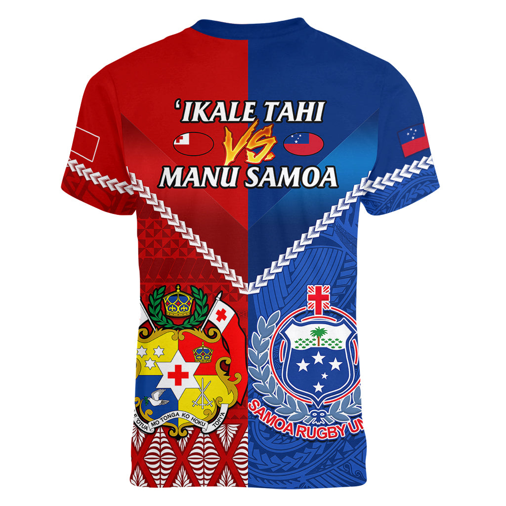 Samoa And Tonga Rugby Women V Neck T Shirt 2023 World Cup Manu Samoa With Ikale Tahi - Wonder Print Shop