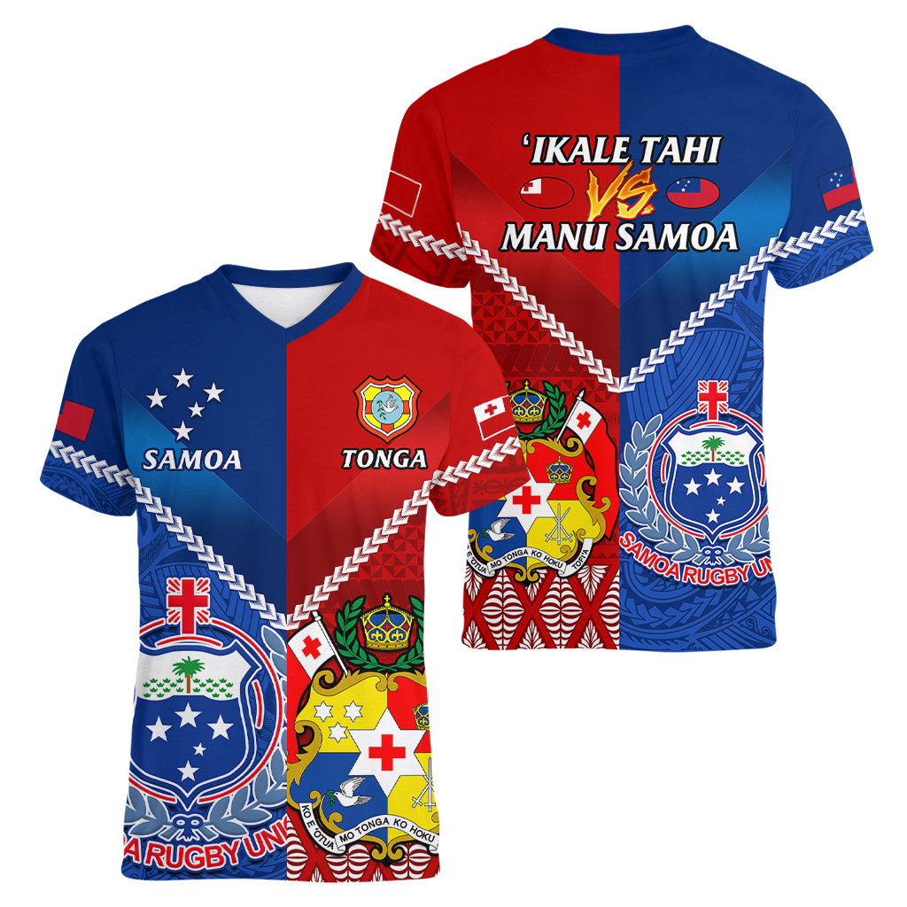 Samoa And Tonga Rugby Women V Neck T Shirt 2023 World Cup Manu Samoa With Ikale Tahi - Wonder Print Shop