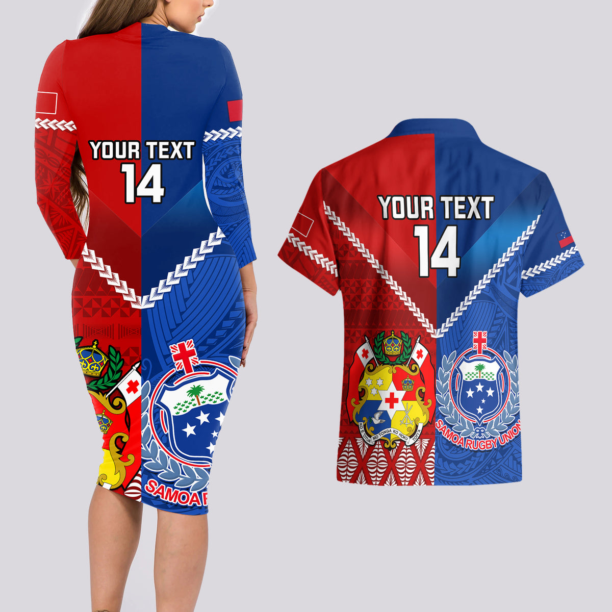 Custom Samoa And Tonga Rugby Couples Matching Long Sleeve Bodycon Dress and Hawaiian Shirt 2023 World Cup Manu Samoa With Ikale Tahi - Wonder Print Shop