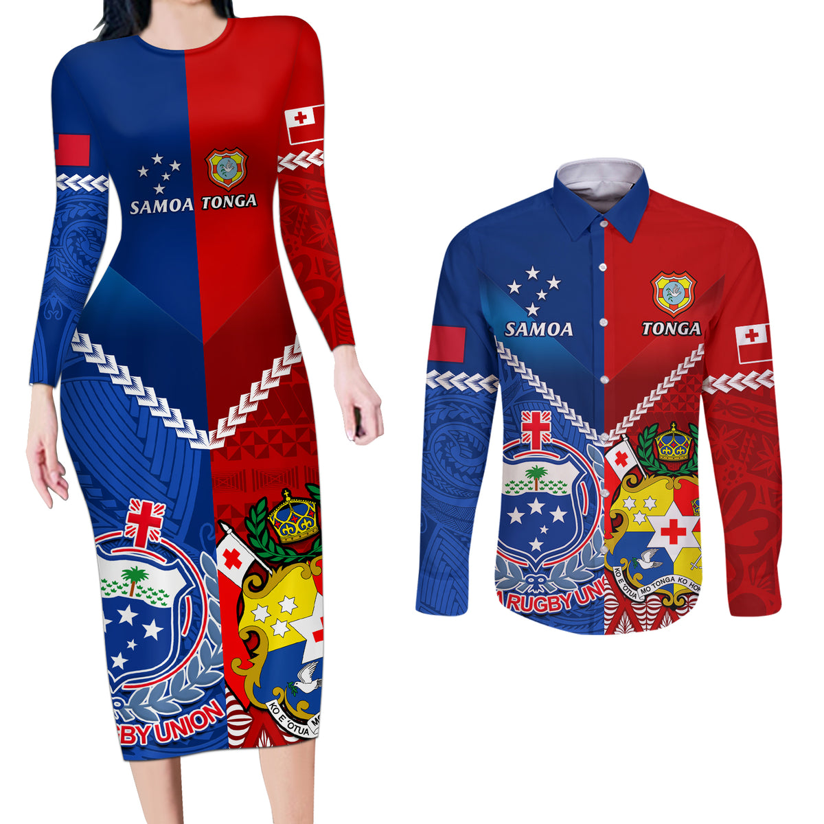 Custom Samoa And Tonga Rugby Couples Matching Long Sleeve Bodycon Dress and Long Sleeve Button Shirts 2023 World Cup Manu Samoa With Ikale Tahi - Wonder Print Shop
