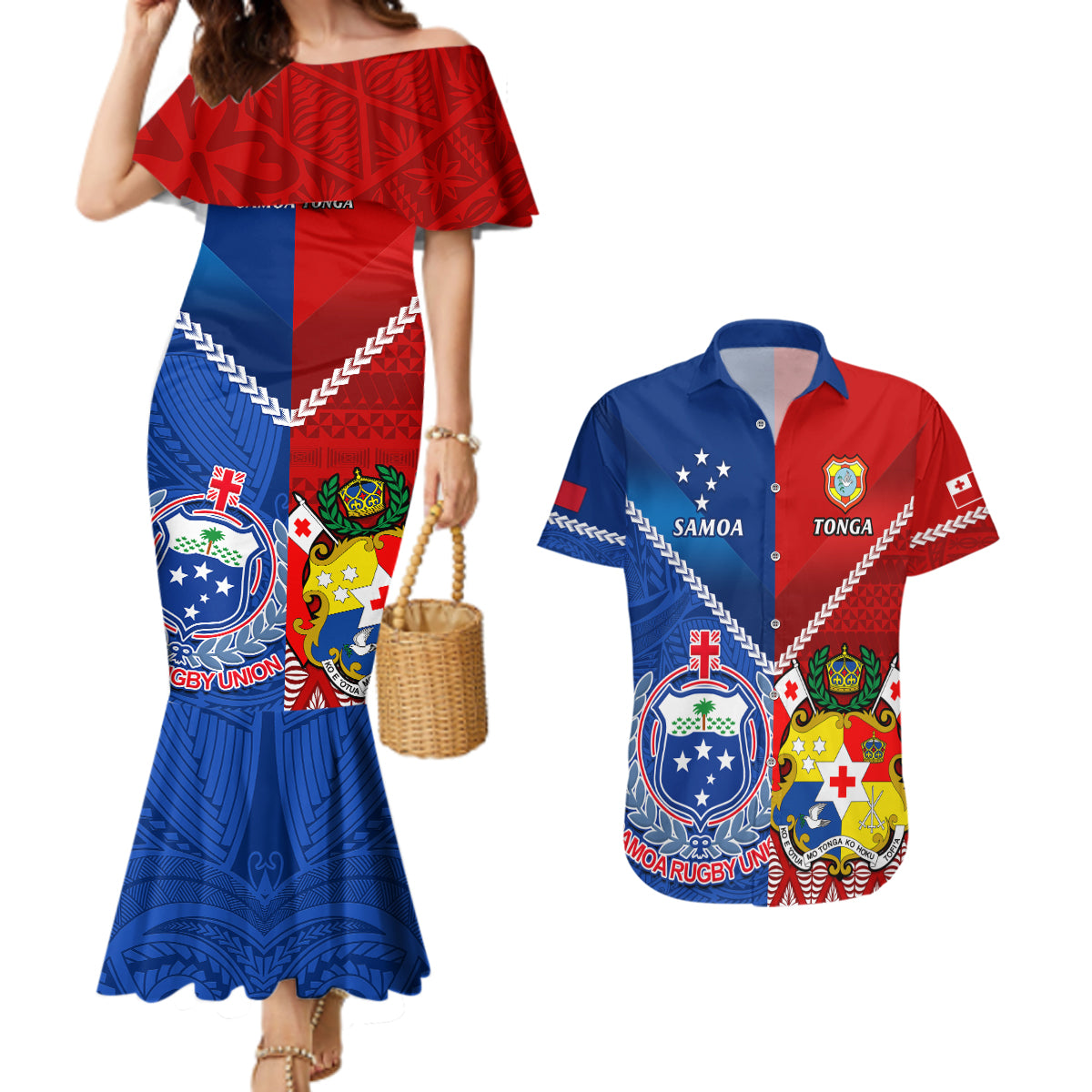 Custom Samoa And Tonga Rugby Couples Matching Mermaid Dress and Hawaiian Shirt 2023 World Cup Manu Samoa With Ikale Tahi - Wonder Print Shop