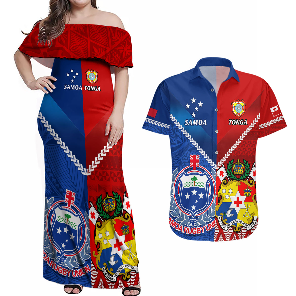 Custom Samoa And Tonga Rugby Couples Matching Off Shoulder Maxi Dress and Hawaiian Shirt 2023 World Cup Manu Samoa With Ikale Tahi - Wonder Print Shop