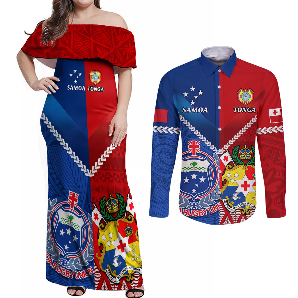 Custom Samoa And Tonga Rugby Couples Matching Off Shoulder Maxi Dress and Long Sleeve Button Shirts 2023 World Cup Manu Samoa With Ikale Tahi - Wonder Print Shop
