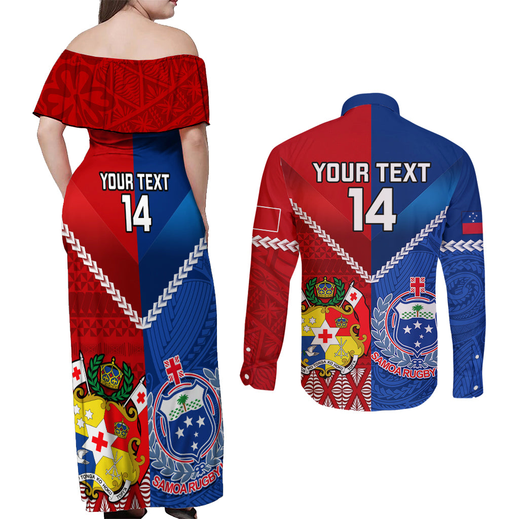 Custom Samoa And Tonga Rugby Couples Matching Off Shoulder Maxi Dress and Long Sleeve Button Shirts 2023 World Cup Manu Samoa With Ikale Tahi - Wonder Print Shop