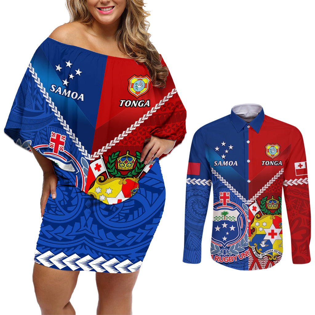 Custom Samoa And Tonga Rugby Couples Matching Off Shoulder Short Dress and Long Sleeve Button Shirts 2023 World Cup Manu Samoa With Ikale Tahi - Wonder Print Shop