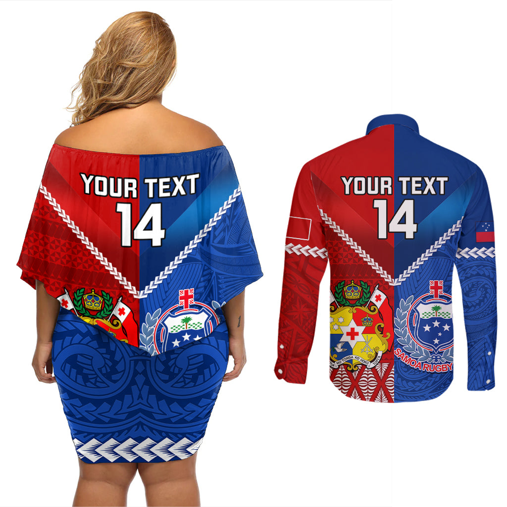 Custom Samoa And Tonga Rugby Couples Matching Off Shoulder Short Dress and Long Sleeve Button Shirts 2023 World Cup Manu Samoa With Ikale Tahi - Wonder Print Shop