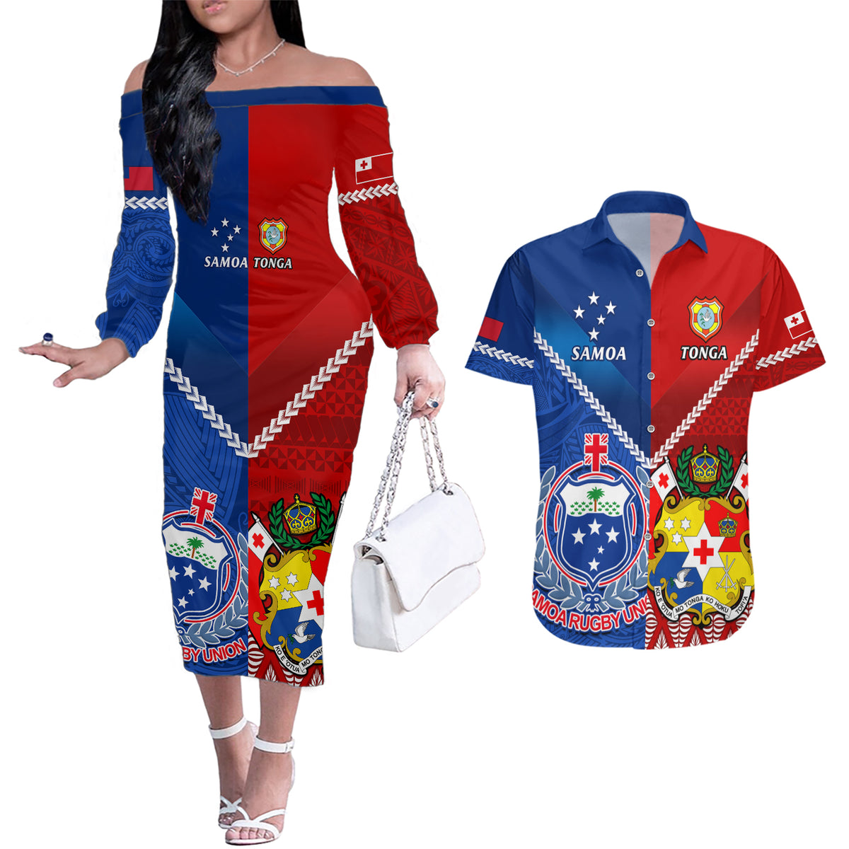 Custom Samoa And Tonga Rugby Couples Matching Off The Shoulder Long Sleeve Dress and Hawaiian Shirt 2023 World Cup Manu Samoa With Ikale Tahi - Wonder Print Shop