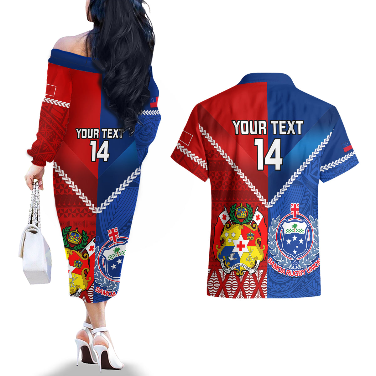 Custom Samoa And Tonga Rugby Couples Matching Off The Shoulder Long Sleeve Dress and Hawaiian Shirt 2023 World Cup Manu Samoa With Ikale Tahi - Wonder Print Shop