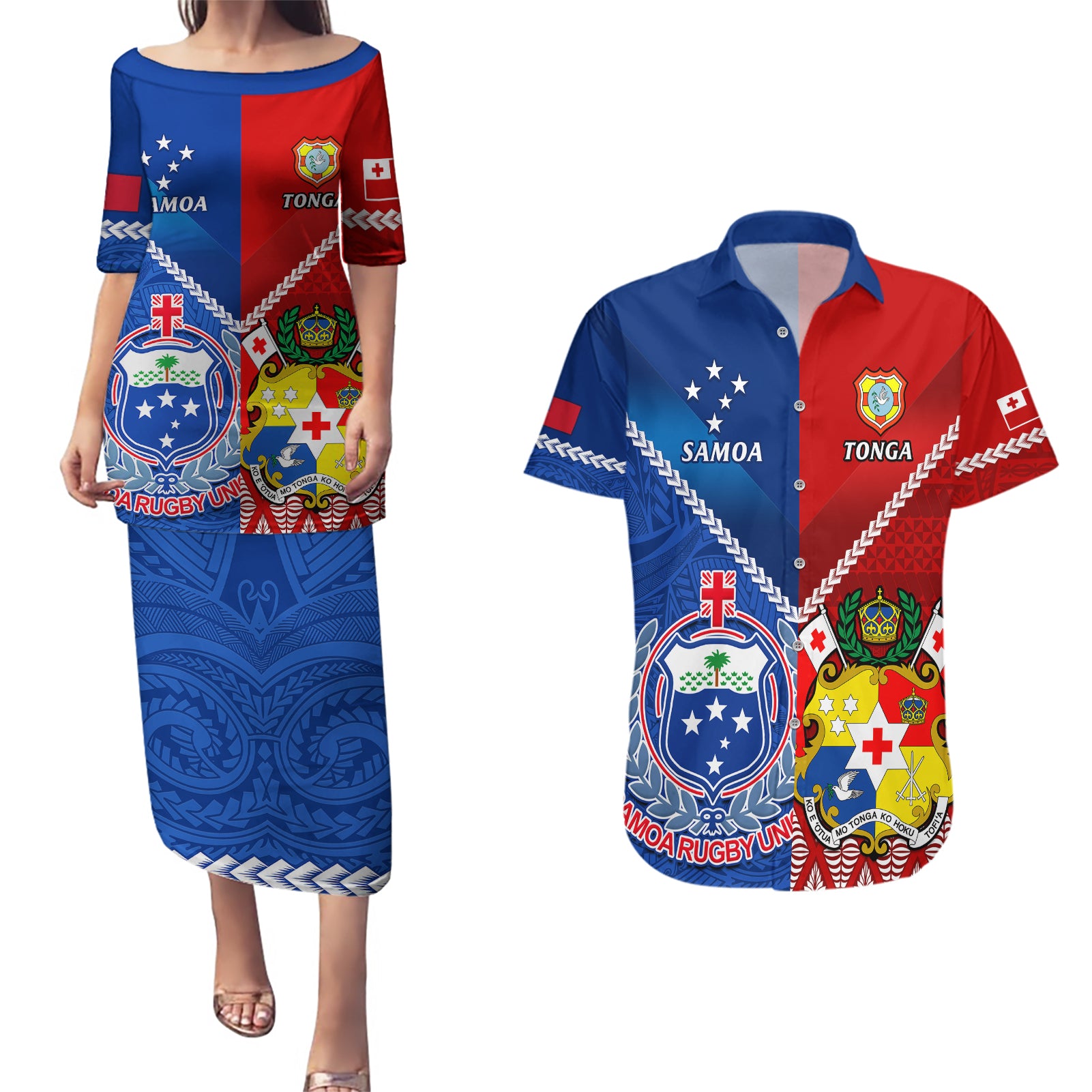Custom Samoa And Tonga Rugby Couples Matching Puletasi Dress and Hawaiian Shirt 2023 World Cup Manu Samoa With Ikale Tahi - Wonder Print Shop