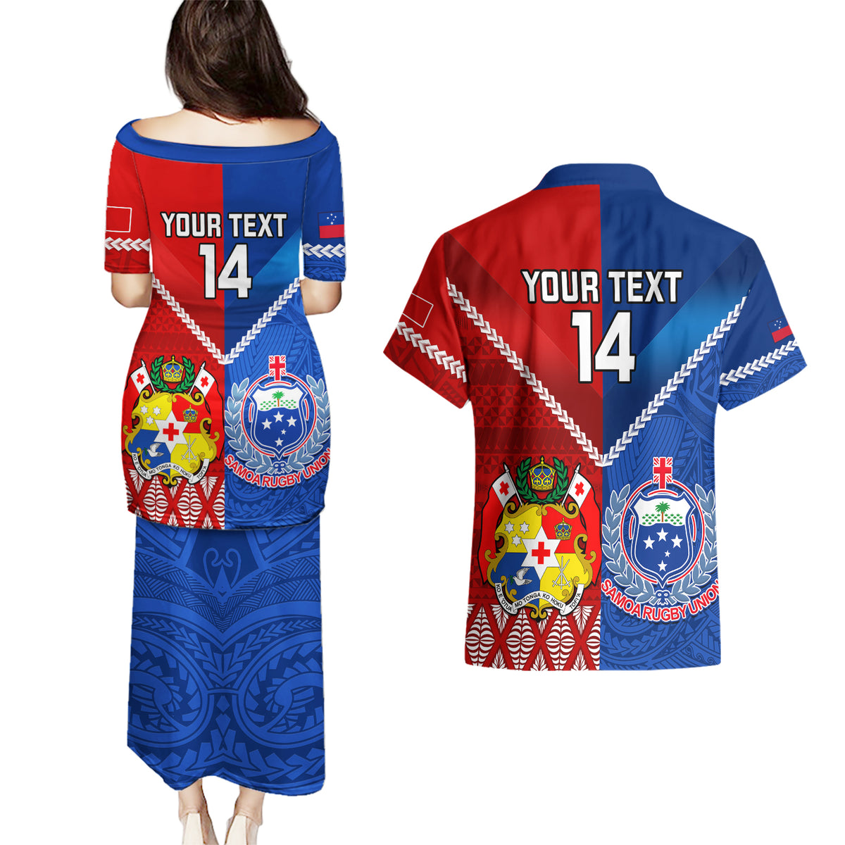 Custom Samoa And Tonga Rugby Couples Matching Puletasi Dress and Hawaiian Shirt 2023 World Cup Manu Samoa With Ikale Tahi - Wonder Print Shop