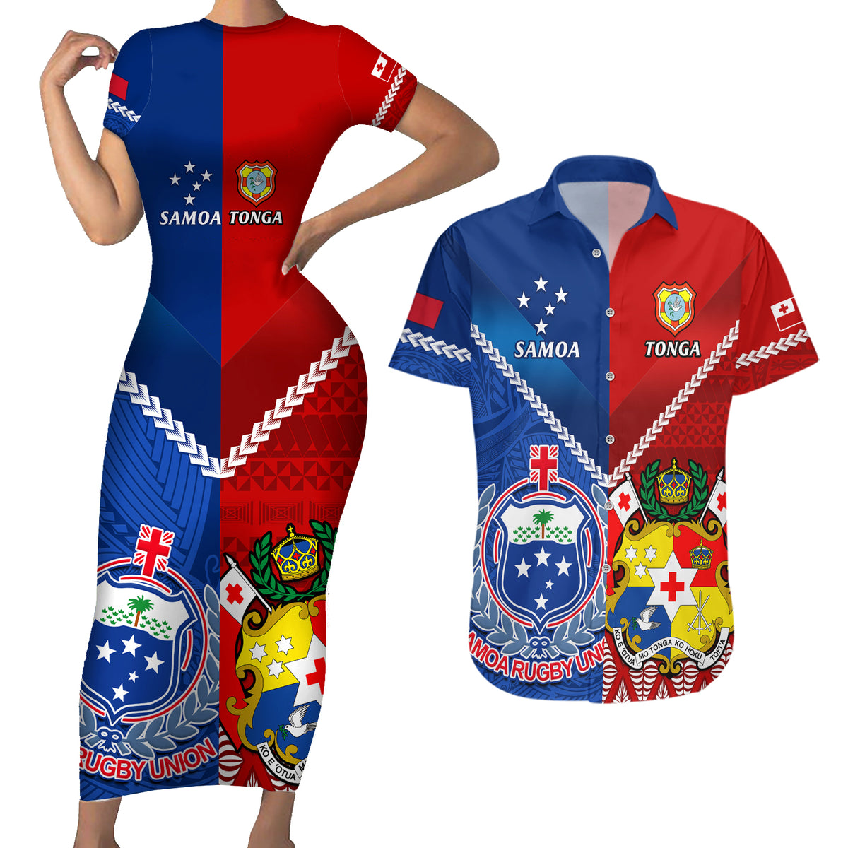 Custom Samoa And Tonga Rugby Couples Matching Short Sleeve Bodycon Dress and Hawaiian Shirt 2023 World Cup Manu Samoa With Ikale Tahi - Wonder Print Shop