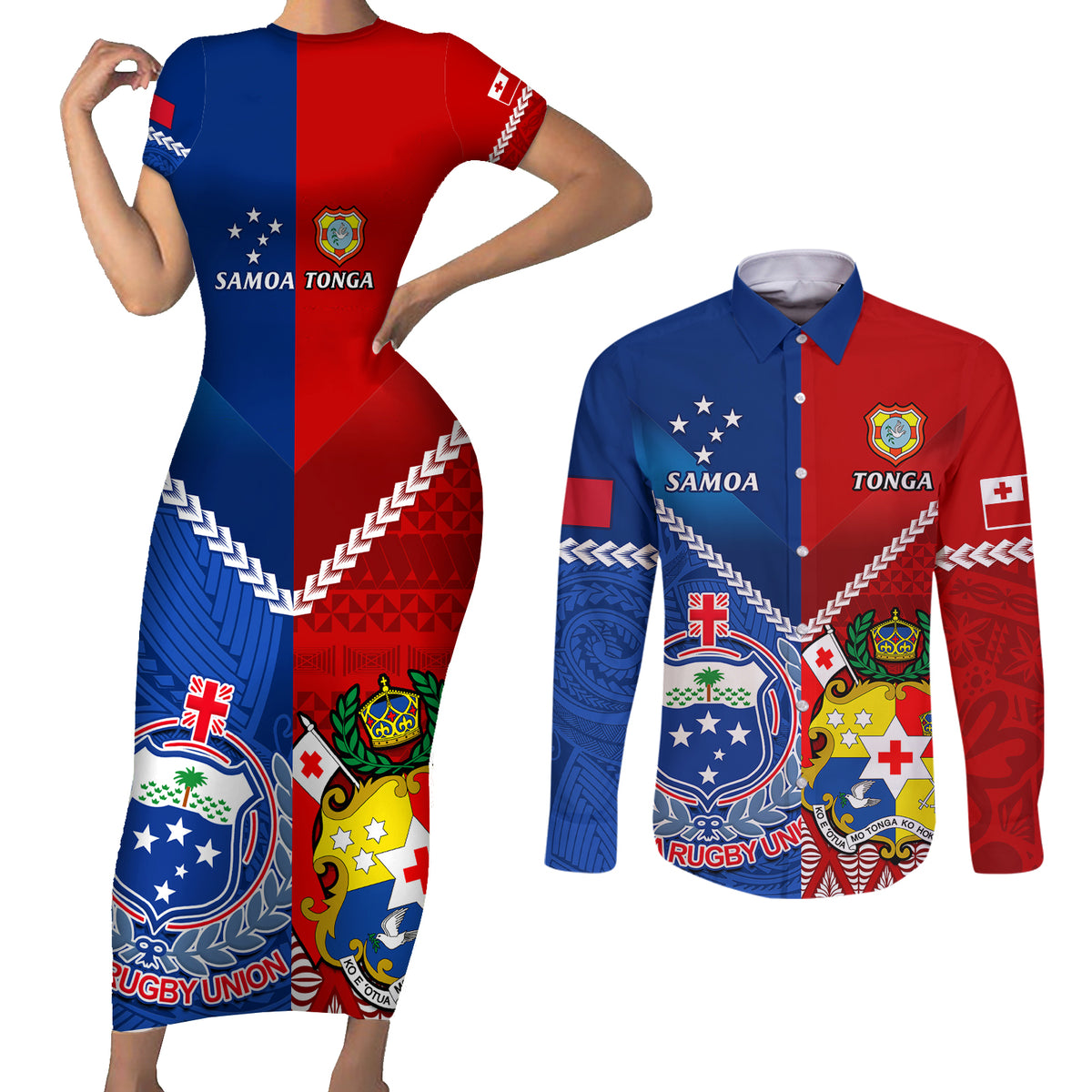 Custom Samoa And Tonga Rugby Couples Matching Short Sleeve Bodycon Dress and Long Sleeve Button Shirts 2023 World Cup Manu Samoa With Ikale Tahi - Wonder Print Shop