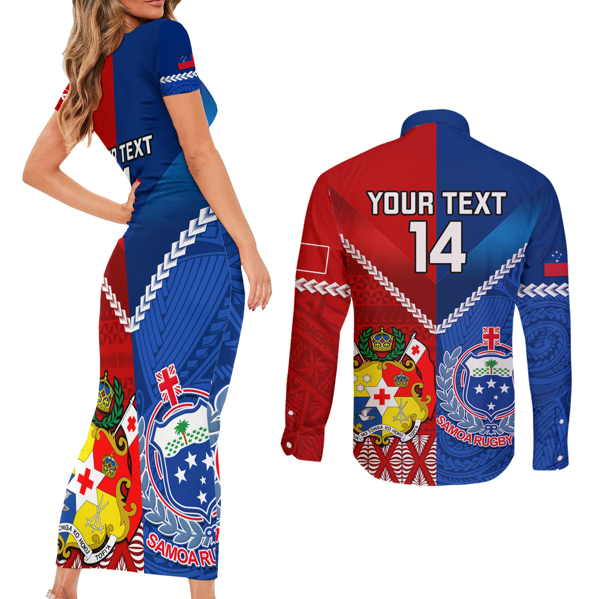 Custom Samoa And Tonga Rugby Couples Matching Short Sleeve Bodycon Dress and Long Sleeve Button Shirts 2023 World Cup Manu Samoa With Ikale Tahi - Wonder Print Shop
