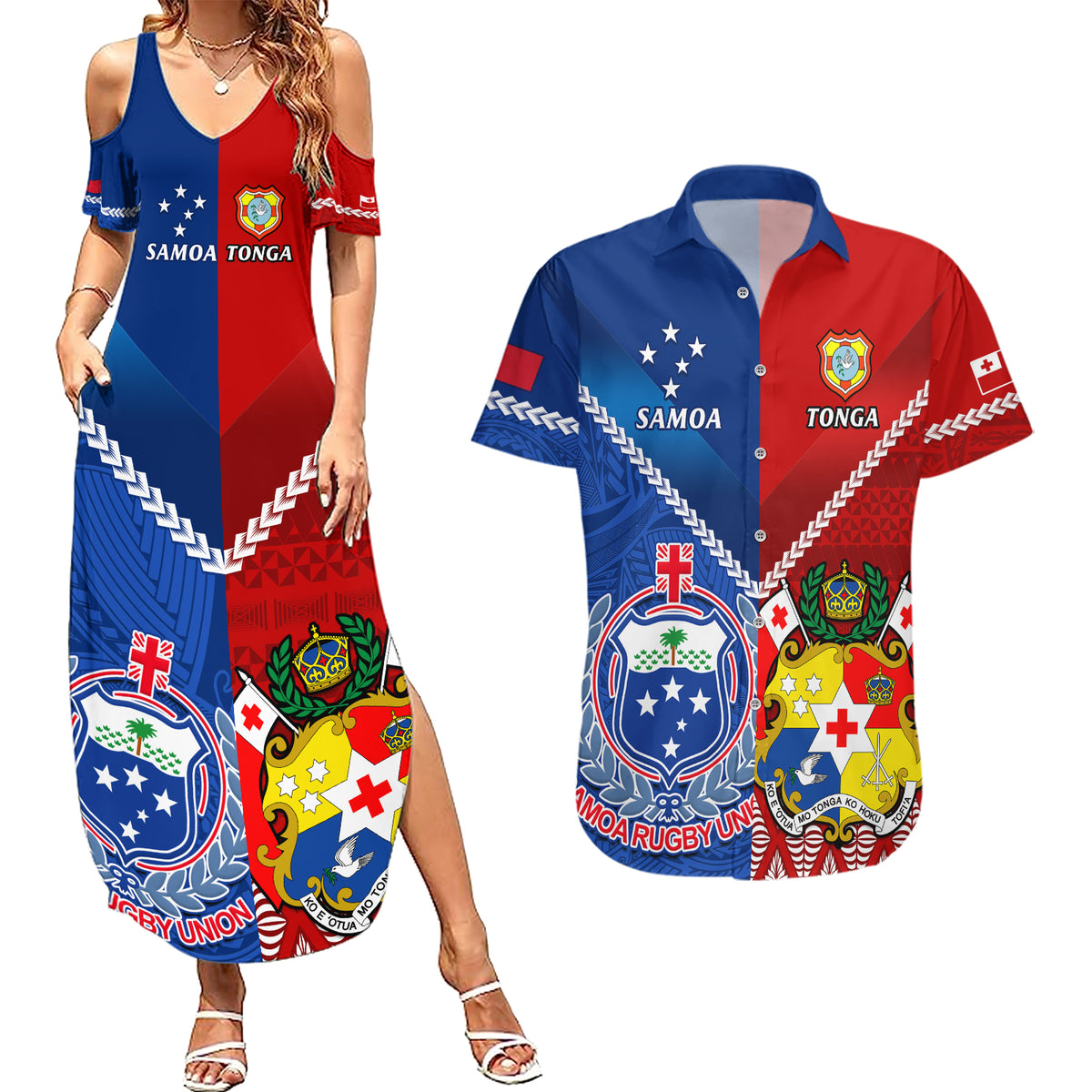 Custom Samoa And Tonga Rugby Couples Matching Summer Maxi Dress and Hawaiian Shirt 2023 World Cup Manu Samoa With Ikale Tahi - Wonder Print Shop