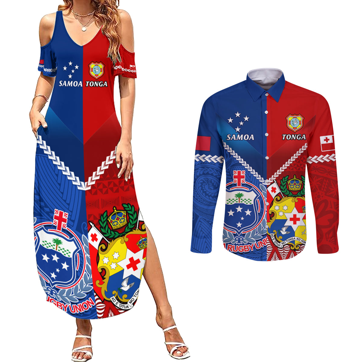 Custom Samoa And Tonga Rugby Couples Matching Summer Maxi Dress and Long Sleeve Button Shirts 2023 World Cup Manu Samoa With Ikale Tahi - Wonder Print Shop