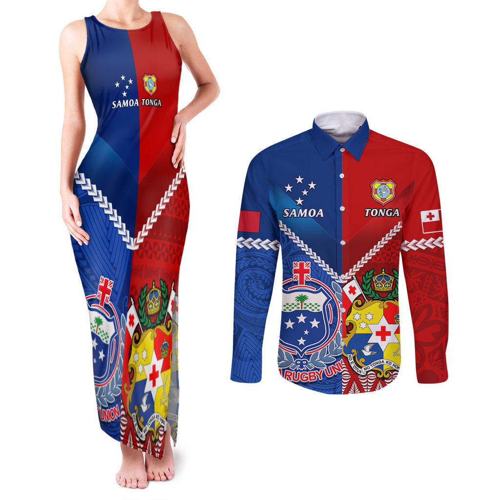 Custom Samoa And Tonga Rugby Couples Matching Tank Maxi Dress and Long Sleeve Button Shirts 2023 World Cup Manu Samoa With Ikale Tahi - Wonder Print Shop