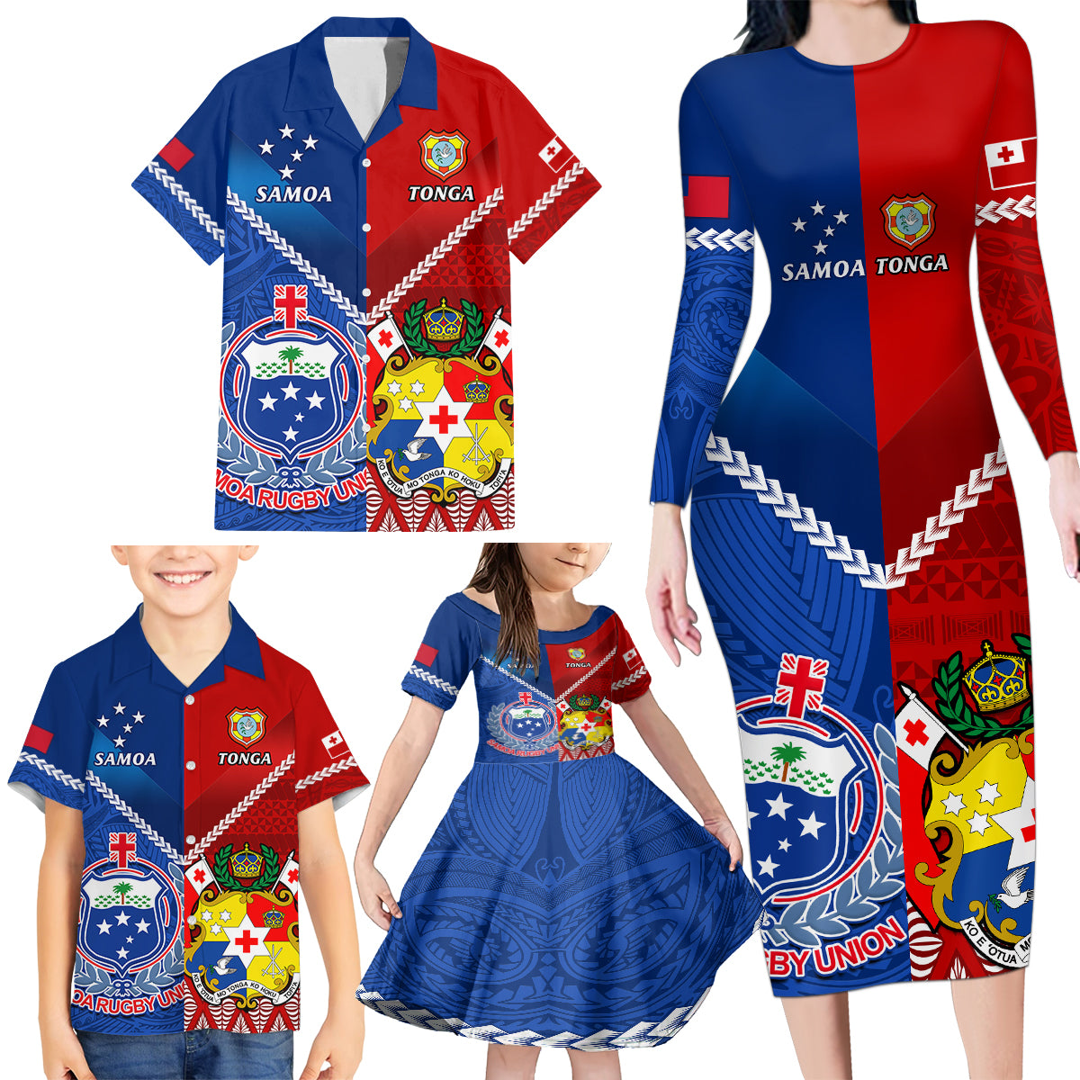 Custom Samoa And Tonga Rugby Family Matching Long Sleeve Bodycon Dress and Hawaiian Shirt 2023 World Cup Manu Samoa With Ikale Tahi - Wonder Print Shop