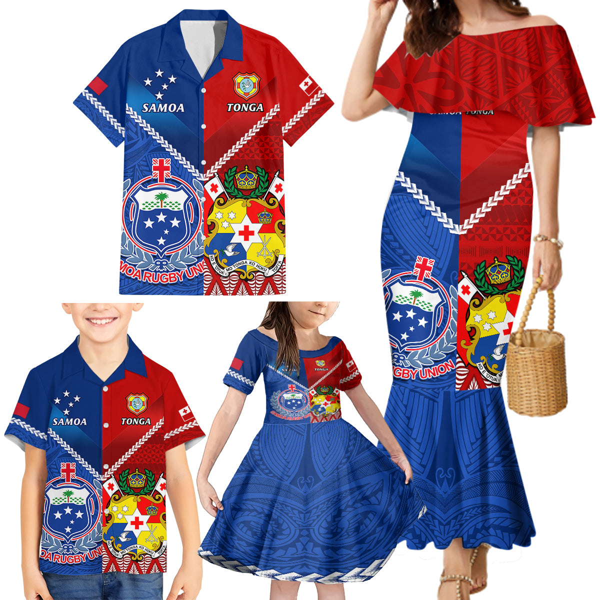 Custom Samoa And Tonga Rugby Family Matching Mermaid Dress and Hawaiian Shirt 2023 World Cup Manu Samoa With Ikale Tahi - Wonder Print Shop