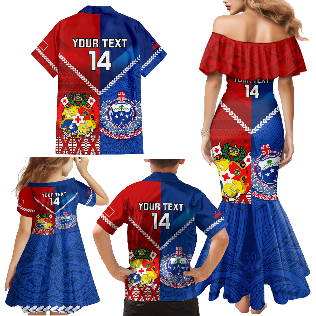 Custom Samoa And Tonga Rugby Family Matching Mermaid Dress and Hawaiian Shirt 2023 World Cup Manu Samoa With Ikale Tahi - Wonder Print Shop